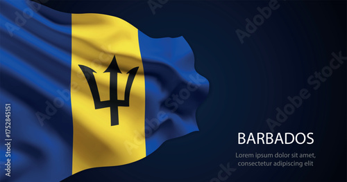Barbados national flag with elegant folds on dark background