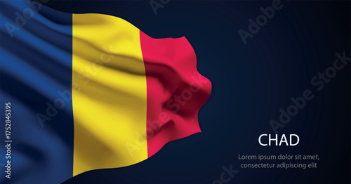 Chad national flag with elegant folds on dark background