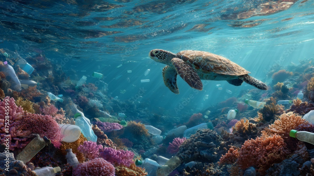 Fototapeta premium Sea Turtle Swimming Through Coral Reef Surrounded by Ocean Plastic