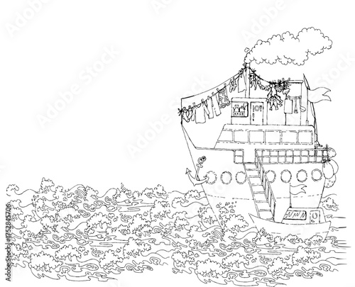 Pencil drawing. The gangway is lowered from the ship onto the boat.