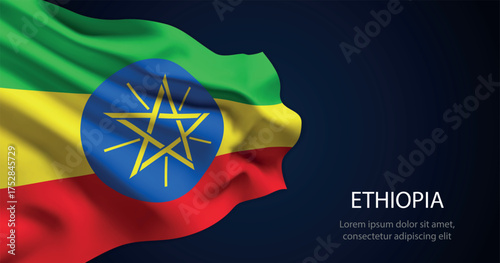 Ethiopia national flag with elegant folds on dark background