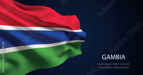 Gambia national flag with elegant folds on dark background