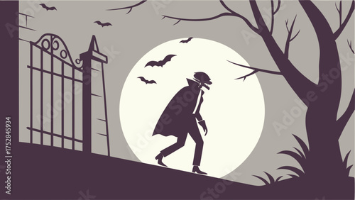 Mysterious Cloaked Figure Walking at Graveyard Gate on Spooky Halloween Night with Full Moon and Bats for Autumn Event Marketing and Party Invitations