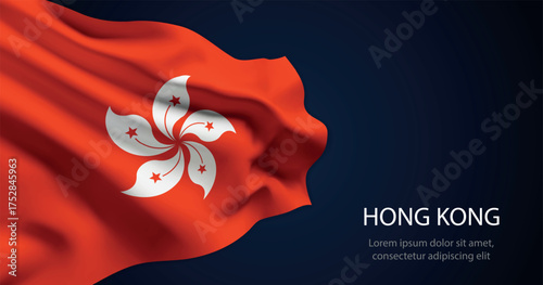 Hong Kong national flag with elegant folds on dark background