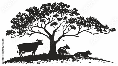 Tranquil Rural Farm Life Silhouette, Dairy Cows and Calves Resting Under a Large Tree, Agriculture, Organic Food Branding, Sustainable Farming, Eco-Friendly Design