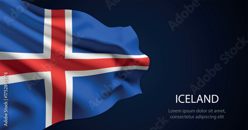 Iceland national flag with elegant folds on dark background
