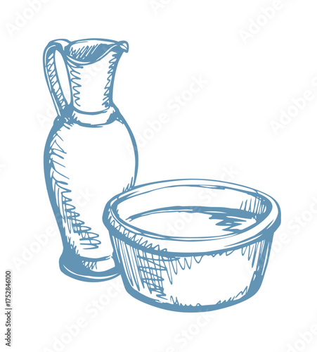 Vector drawing. Jug and bowl