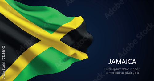 Jamaica national flag with elegant folds on dark background