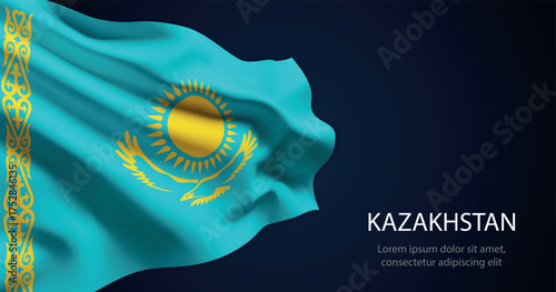 Kazakhstan national flag with elegant folds on dark background