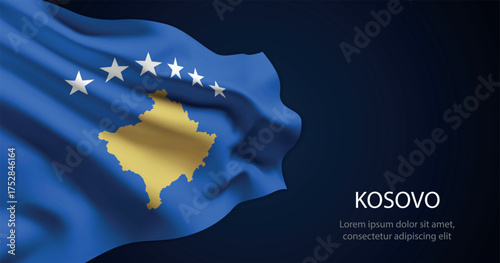 Kosovo national flag with elegant folds on dark background
