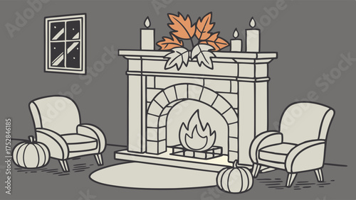 Warm Autumn Fireplace with Cozy Armchairs, Pumpkins, and Fall Leaves. Seasonal Home Decor Illustration for Marketing and Lifestyle.