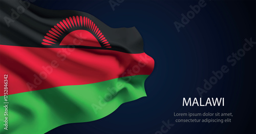 Malawi national flag with elegant folds on dark background