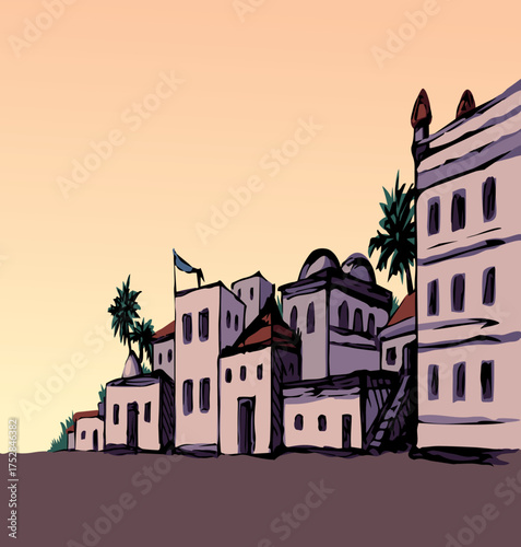 Ancient Arabic city. Vector drawing