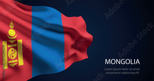 Mongolia national flag with elegant folds on dark background