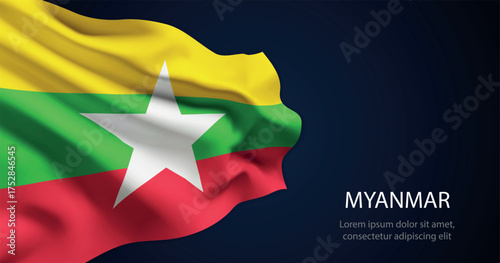 Myanmar national flag with elegant folds on dark background