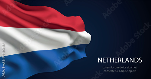 Netherlands national flag with elegant folds on dark background
