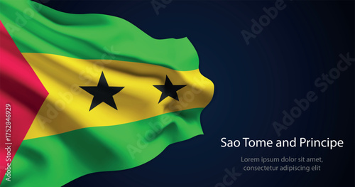 Sao Tome and Principe national flag with elegant folds on dark background