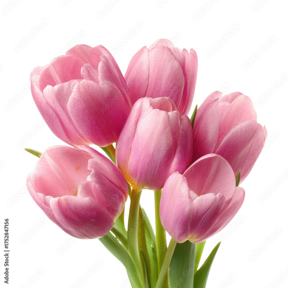 Naklejka premium Bunch Of Pink Tulips With Green Stems And Leaves On Black Background Keywords: pink tulips, flowers, floral, bouquet, spring flowers, blooming, petals, green stems, leaves