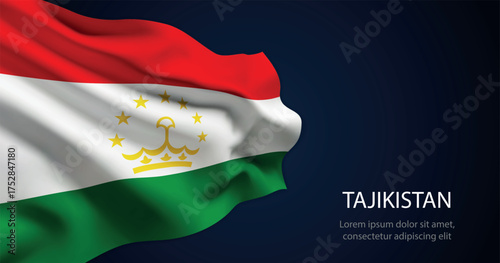 Tajikistan national flag with elegant folds on dark background