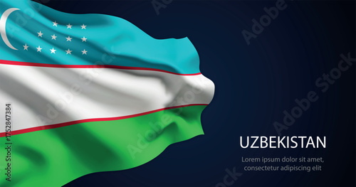 Uzbekistan national flag with elegant folds on dark background