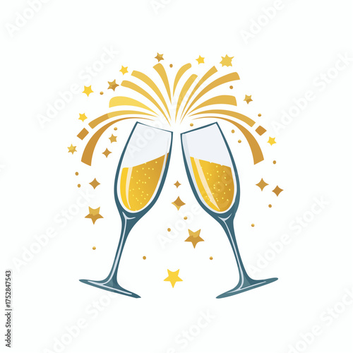 Two Champagne Flutes Clinking with Golden Fireworks.