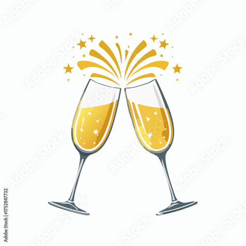 Two Champagne Flutes Clinking with Golden Stars Celebration.
