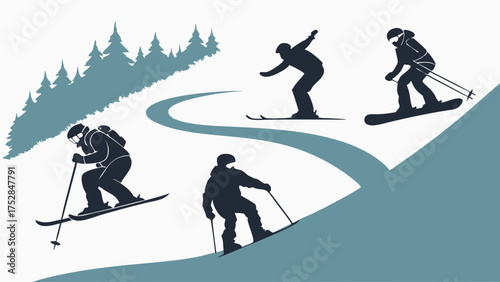 Dynamic Skiing and Snowboarding Silhouettes on Snowy Mountain Slope Winter Sports Adventure Travel and Outdoor Recreation Marketing