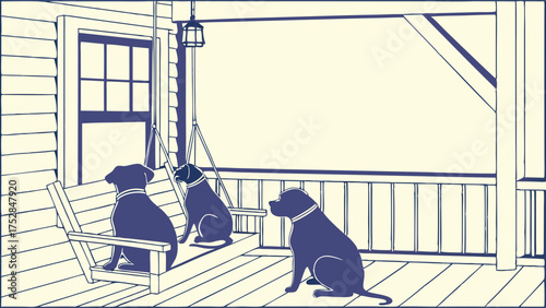 Three Calm Dogs Relaxing on Rustic Porch Swing and Floor. Peaceful Home Lifestyle Line Art Illustration for Pet Care.