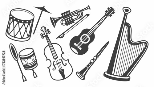 Diverse Musical Instruments Vector Line Art for Music School, Concert Events, and Creative Design