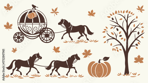 Enchanting Autumn Pumpkin Carriage with Horses and Fall Leaves Vector Illustration for Fairy Tale Events and Seasonal Marketing Design