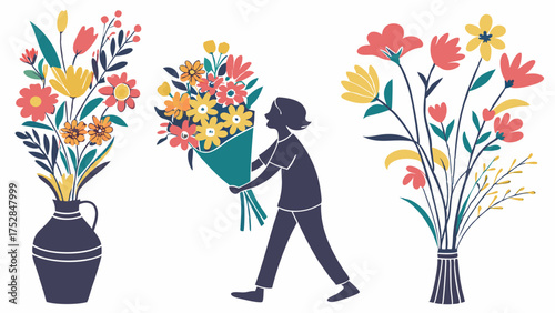 Joyful Person Carrying Vibrant Floral Bouquet and Flower Arrangements for Florist Shop and Spring Gift Delivery Vector
