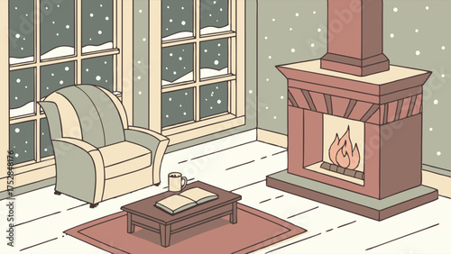 Cozy Winter Room Illustration with Fireplace, Armchair, and Snow Outside. Relaxing Home Scene for Holiday Marketing, Reading, and Comfort.