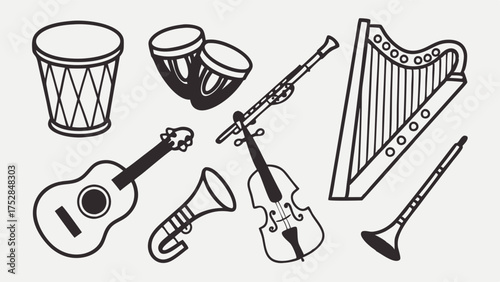 Diverse Musical Instruments Outline Vector Icons Set for Music Education, Performance, Creative Arts, and Entertainment Design