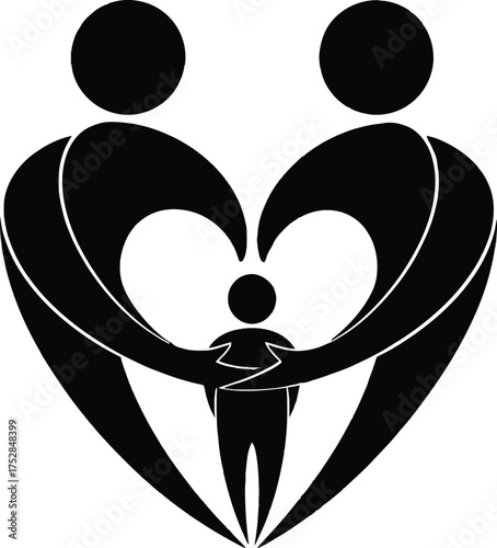 Loving embrace of two parents protecting their child within a heart shape, symbolizing family unity and care.