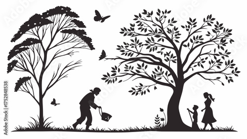 Gardener Tending Trees and Happy Family Enjoying Nature Silhouette for Environmental Protection and Sustainable Future