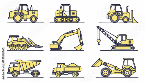Construction Vehicles Set. Yellow Heavy Equipment for Building, Engineering, and Infrastructure Projects. Modern Flat Design Icons.