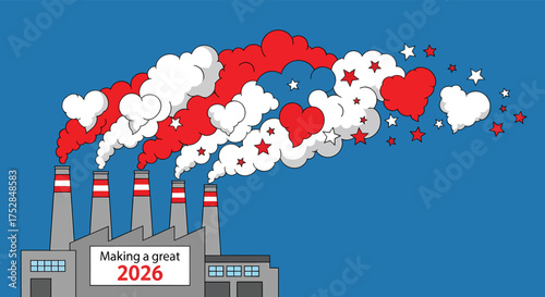 Factory emitting heartshaped smoke into the sky, symbolizing love and hope for a better future in 2026, creating a positive and optimistic atmosphere.