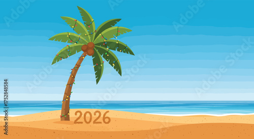 Palm tree decorated with christmas lights stands on sandy beach with calm ocean waves under clear blue sky, creating festive tropical holiday scene.
