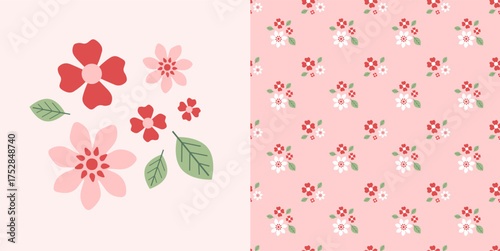 Seamless spring pattern with flowers on a pink background. Bouquet of flowers