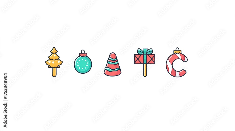 Fototapeta premium Christmas Festival Icons Set: Golden Tree, Teal Bauble, Striped Santa Hat, Bow Gift Box and Candy Cane for Holiday Designs and Decorative Materials