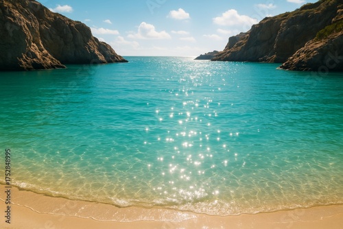 Tranquil Coastal Beauty: A serene coastal vista unfolds, with shimmering turquoise waters lapping gently onto a pristine sandy beach, framed by majestic cliffs under a radiant sky.