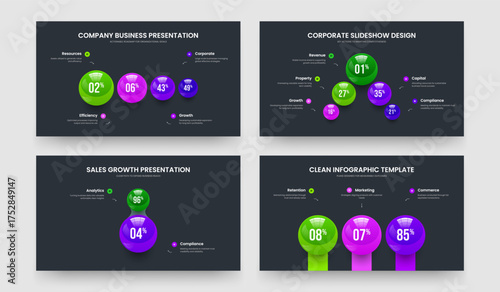 Marketing Profile 4 5 2 3 Element Chart Slide Template Set. Product Visualization Four Five Two Three Step Infographic Presentation Layout Vector Illustration Collection.