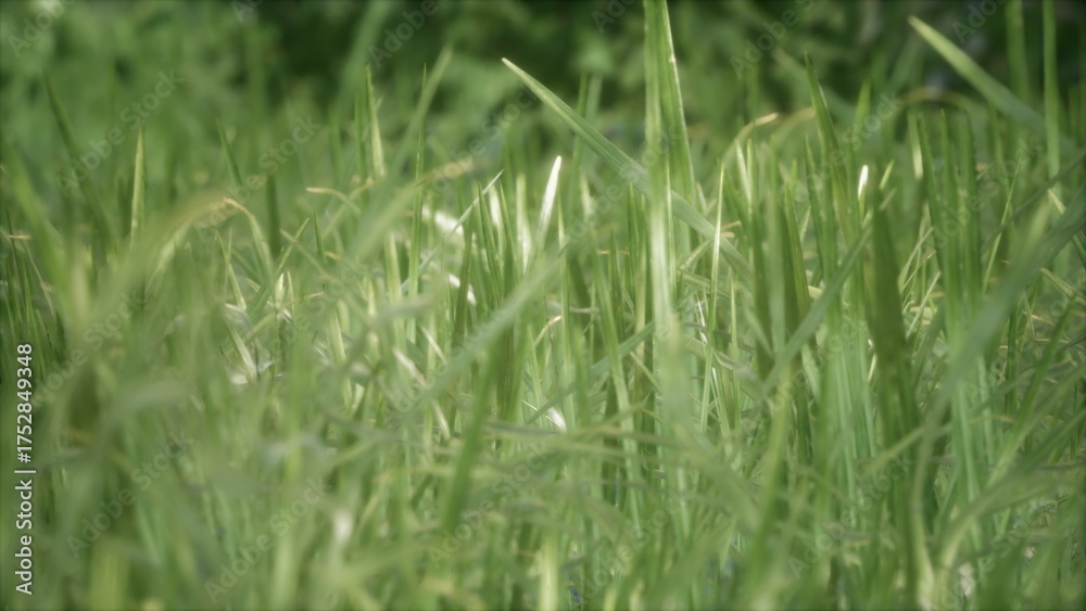 Obraz premium Lush blades of green grass dance softly in the warm afternoon wind, illuminated by bright sunlight. The vibrant colors evoke a serene sense of natures beauty and tranquility.