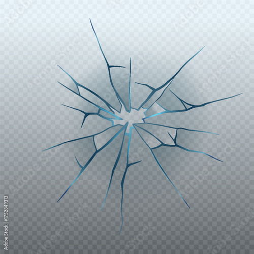 Realistic glass crack isolated on transparent background. Vector illustration of broken window, monitor display, gadget screen, car windshield, gunshot effect. Accident design element