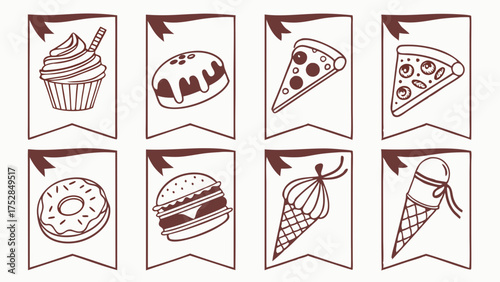 Delicious Hand Drawn Cupcake Pizza Burger Donut Ice Cream Banners Vector for Restaurant Menu Party Decor Kids Events Social Media