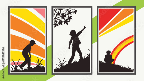 Childhood Dreams Young People Silhouettes Exploring Nature Rainbow Sunlight Hope Future Growth