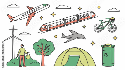 Sustainable Travel Options and Eco-Friendly Lifestyle Choices. Green Transportation, Renewable Energy, Outdoor Adventure, Recycling, and Environmental Protection.