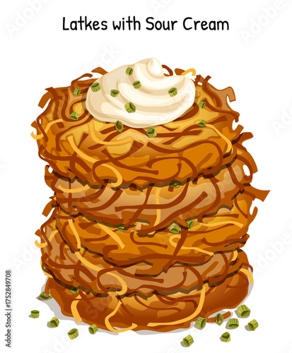Latkes Stack with Sour Cream and Chives Garnish - Jewish Hanukkah Potato Pancakes Illustration