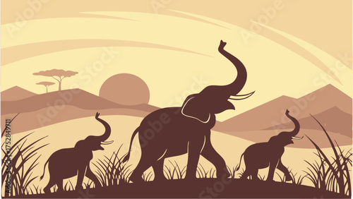 Majestic African Elephant Family Silhouette Walking at Sunset in Wild Savanna Landscape for Safari, Travel and Education Design
