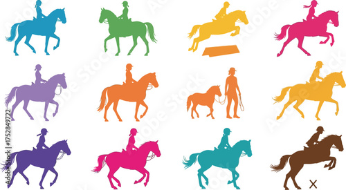 Vibrant silhouettes of equestrian riders and horses in various colorful poses